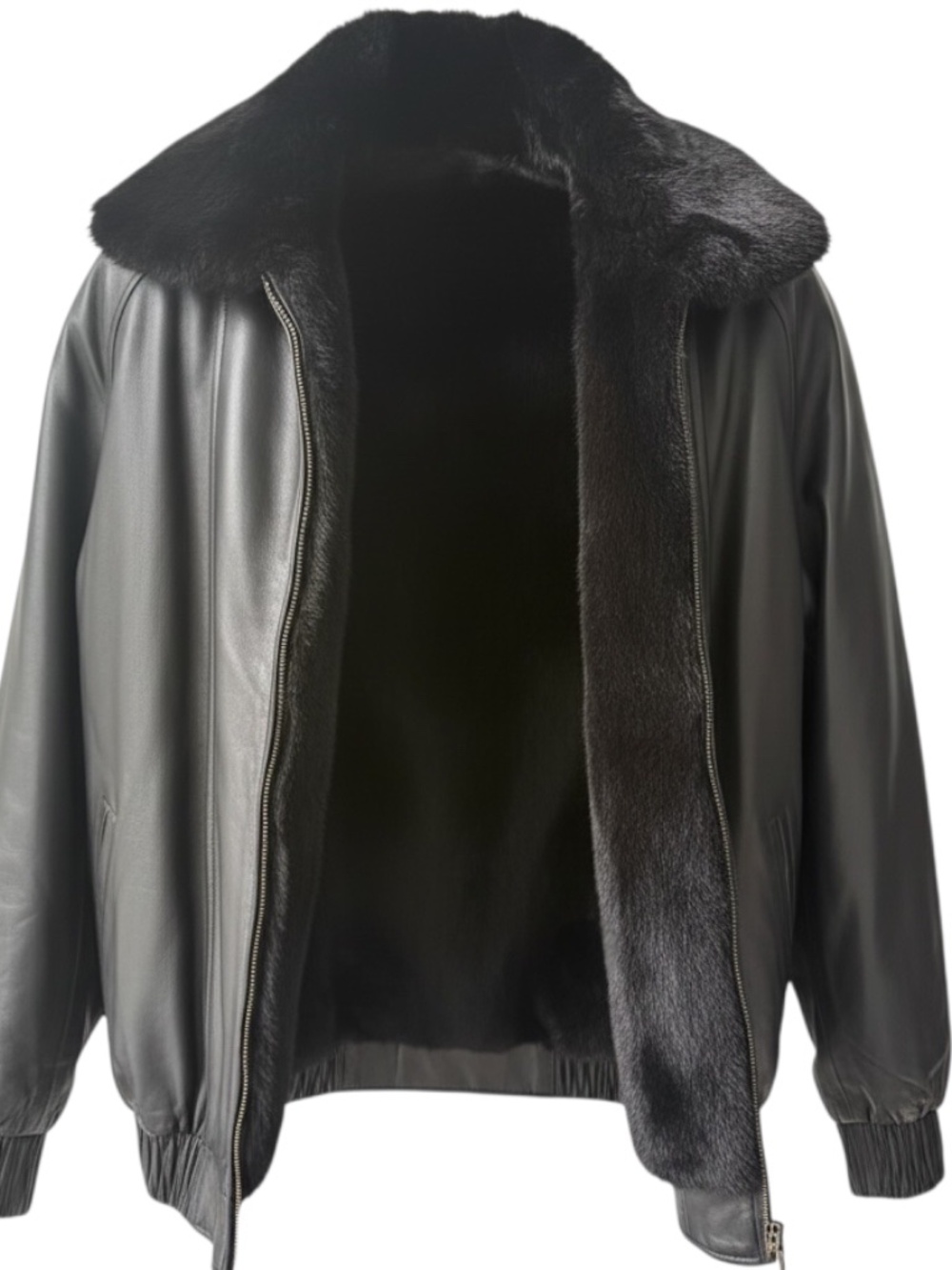 80s-90s Vintage Black Mink Leather Reversible Bomber Jacket Unisex M/L